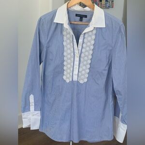 Banana Republic Striped Blue and White Striped Top with White Lace Front Detail